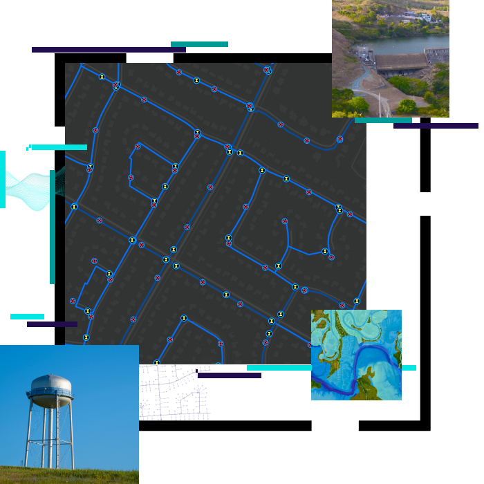 Mapa de activos de servicio con fotos superpuestas de una torre de agua y una vista aérea de una masa de agua
