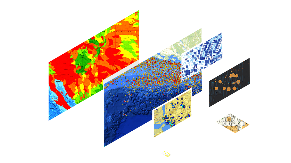 A satellite image shows plots of land along a river with square and circular fields highlighted in blue, orange, and yellow