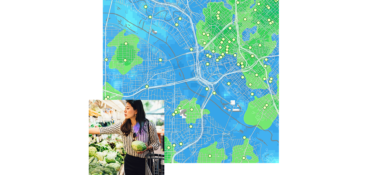 Un mapa azul y verde que muestra el acceso a los supermercados y una mujer eligiendo comida en una tienda