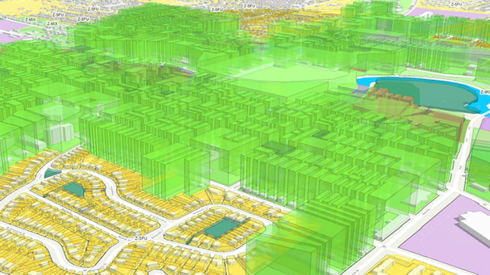 Representación digital de una ciudad que muestra posibles proyectos superpuestos a los edificios existentes.