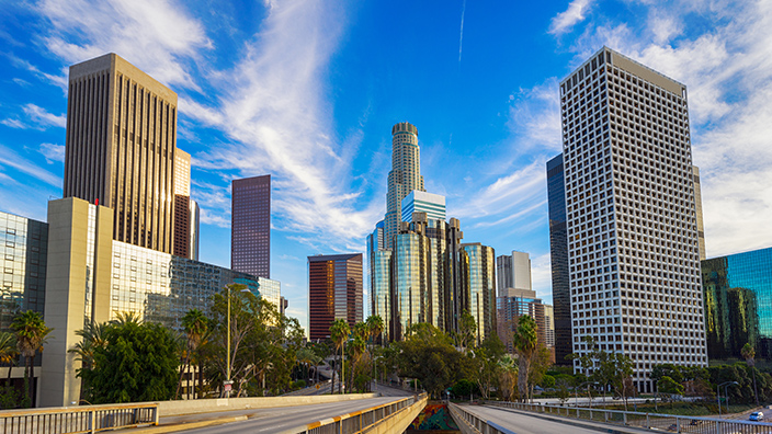 Una vista de los rascacielos de la ciudad de Los Ángeles