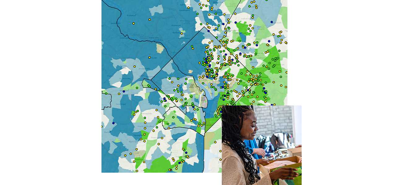 Un mapa con la ubicación de los bancos de alimentos asociados y una mujer sirviendo comida