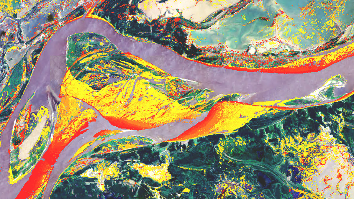 Una imagen de Landsat muestra el cambio de morfología en una sección del río Amazonas desde 1984 hasta 2021.