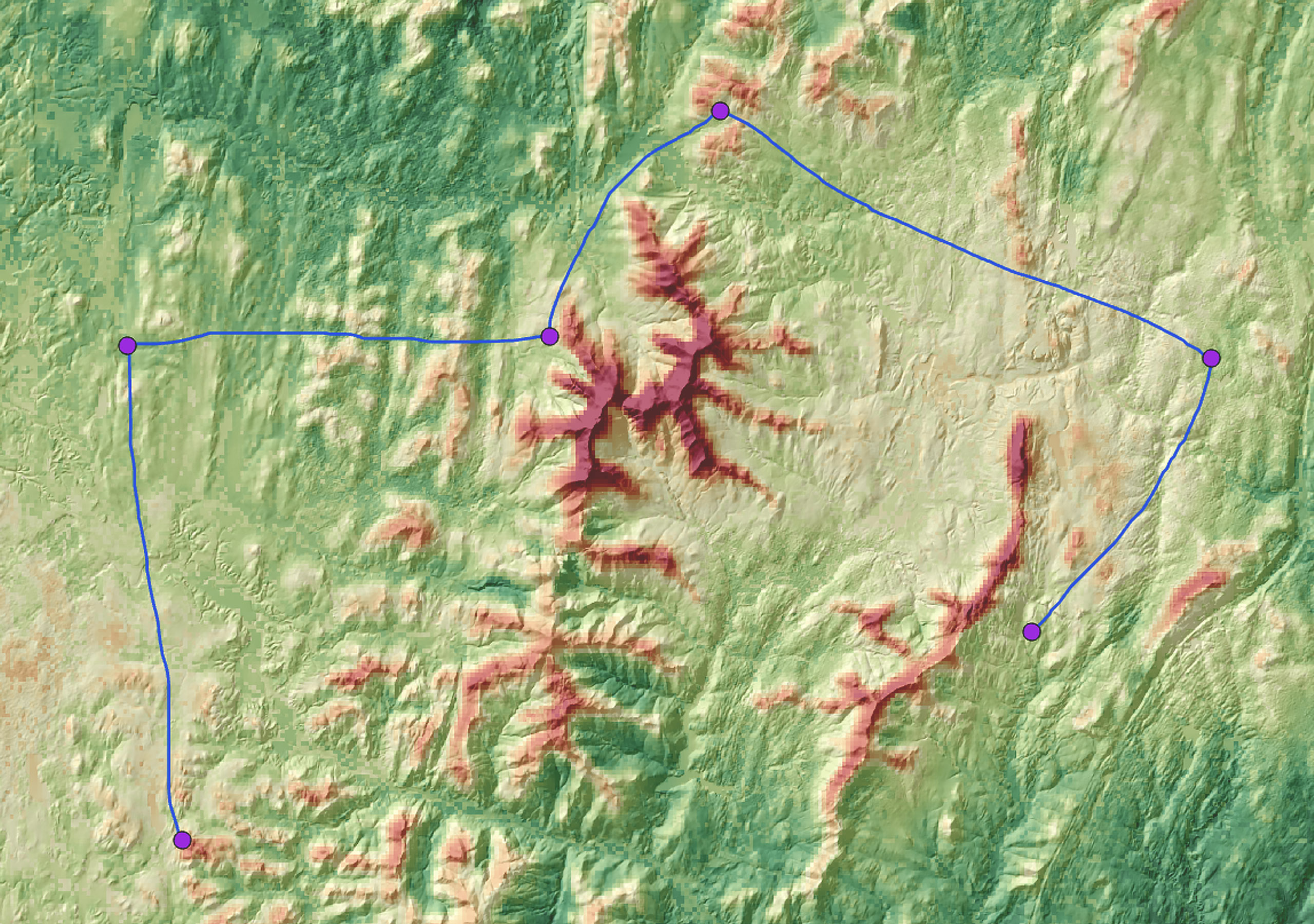 Un mapa 3D con sombreado verde, amarillo y rojo muestra seis puntos morados que marcan áreas de interés, todos ellos conectados por una línea azul