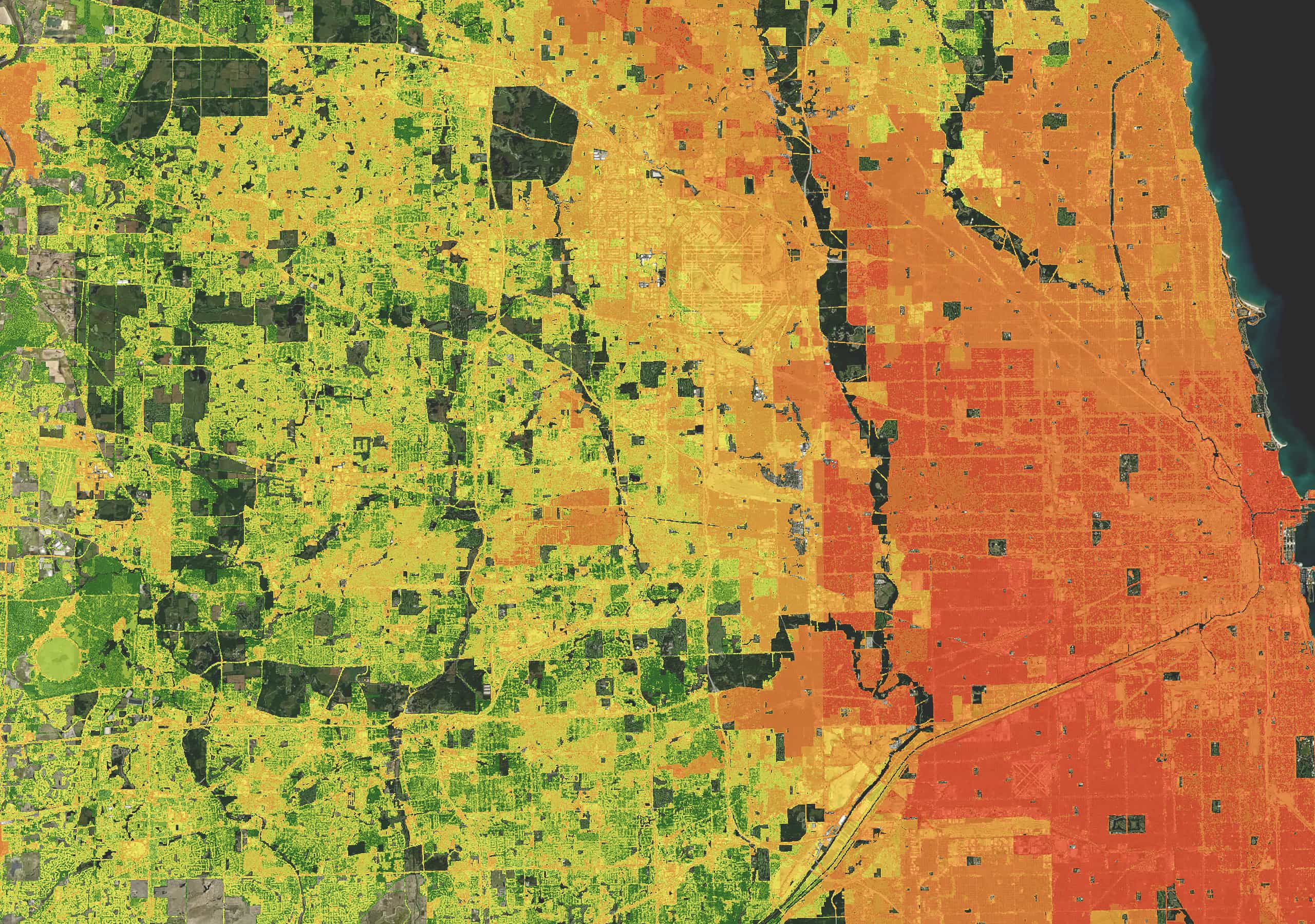 Un mapa de una ciudad costera muestra puntos calientes rojos en el centro que se van difuminando a naranja, amarillo y verde en los suburbios y áreas rurales cercanas