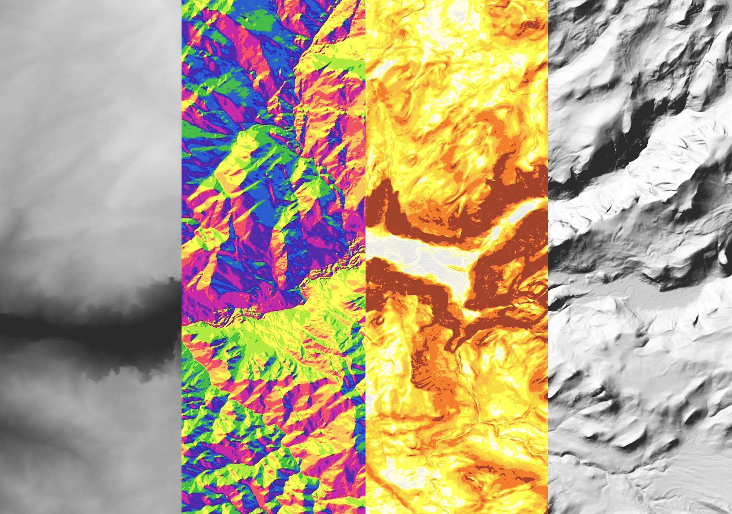 Cuatro paneles muestran la misma imagen de teledetección con diferentes combinaciones de colores que muestran múltiples interpretaciones de los datos del sensor