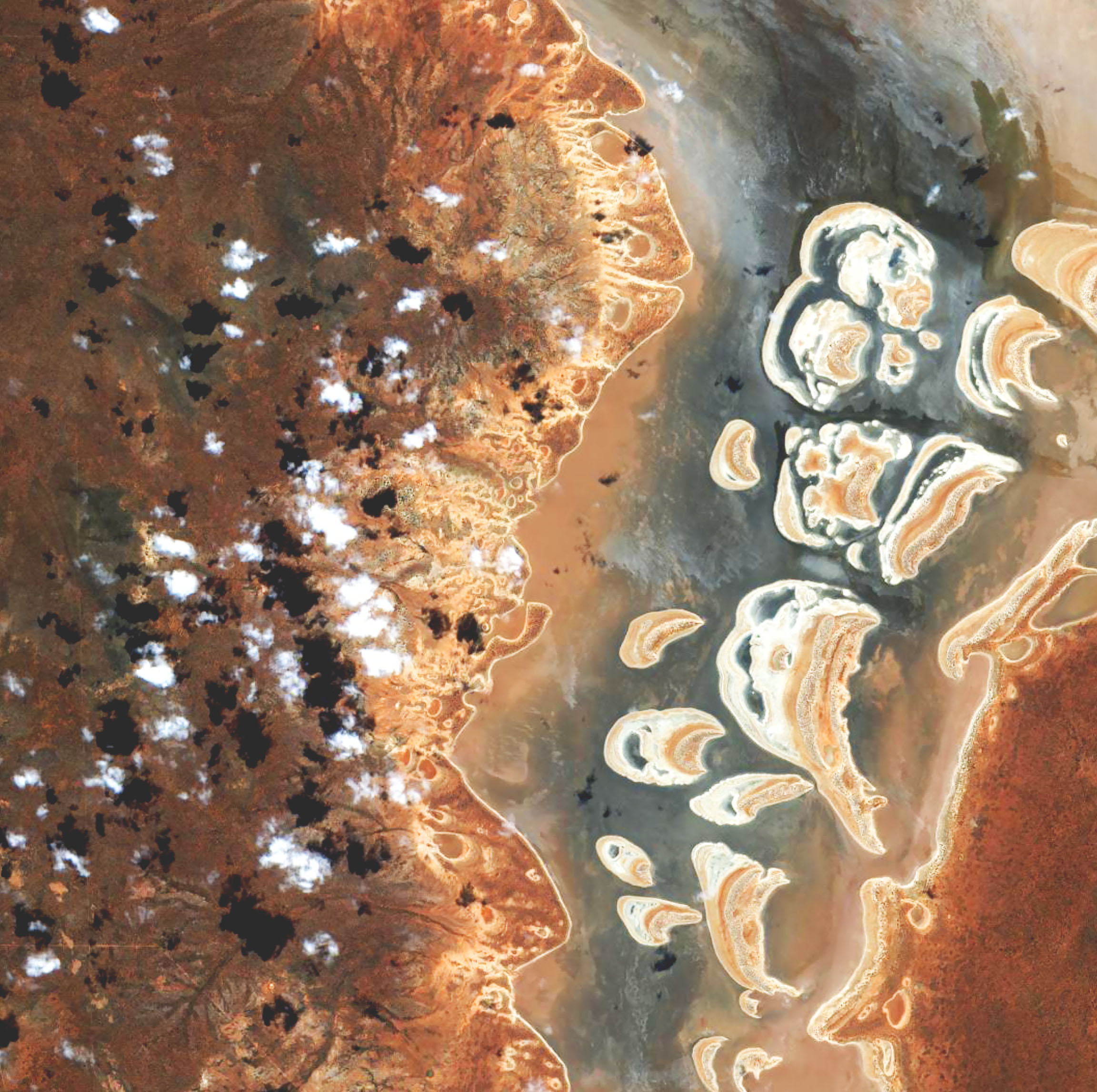 Una imagen satelital multiespectral de una vía fluvial muestra la costa en un gradiente de amarillo brillante a naranja