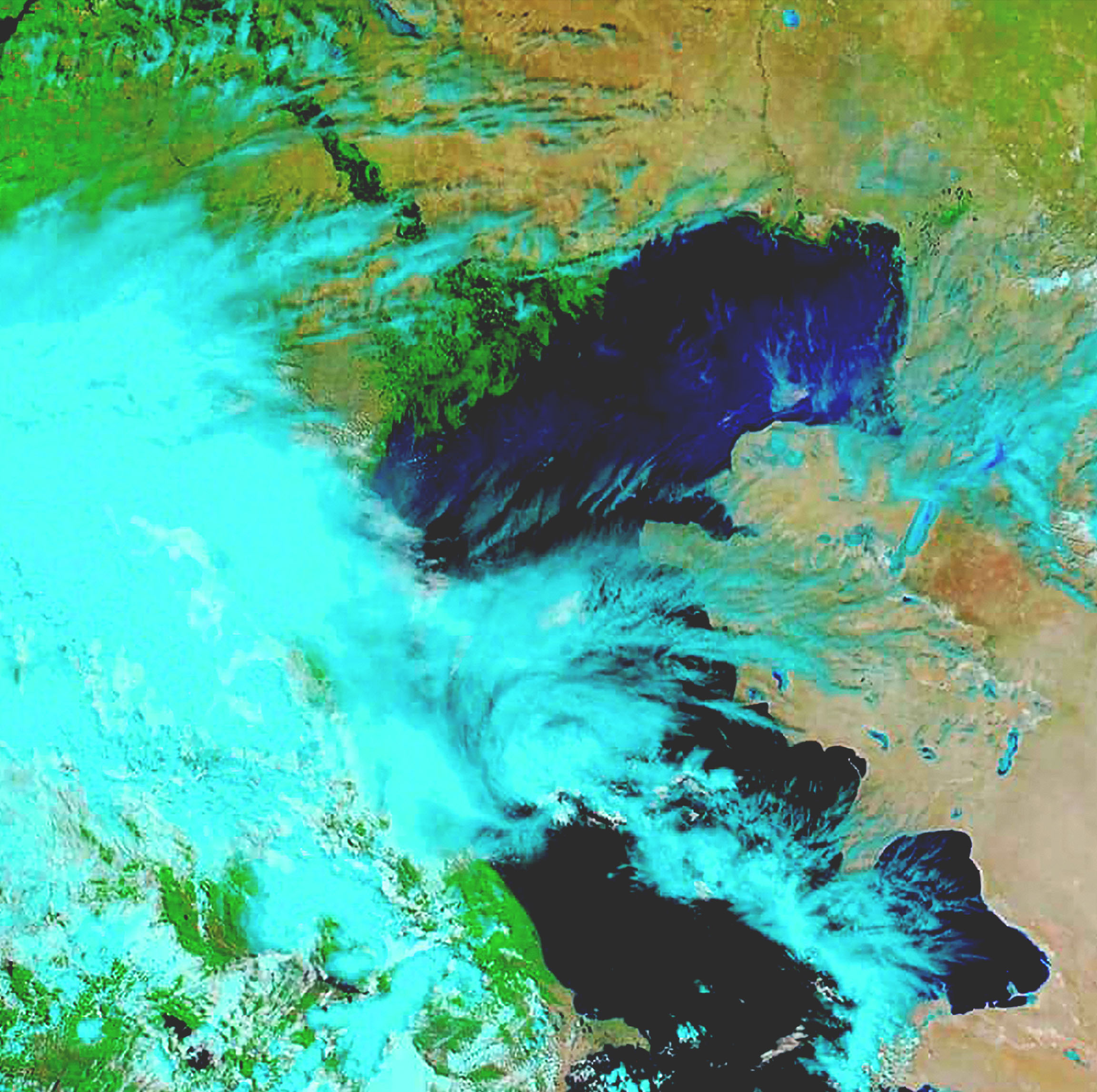 Una imagen satelital de teledetección muestra los datos del sensor en gradientes de azul, verde y marrón