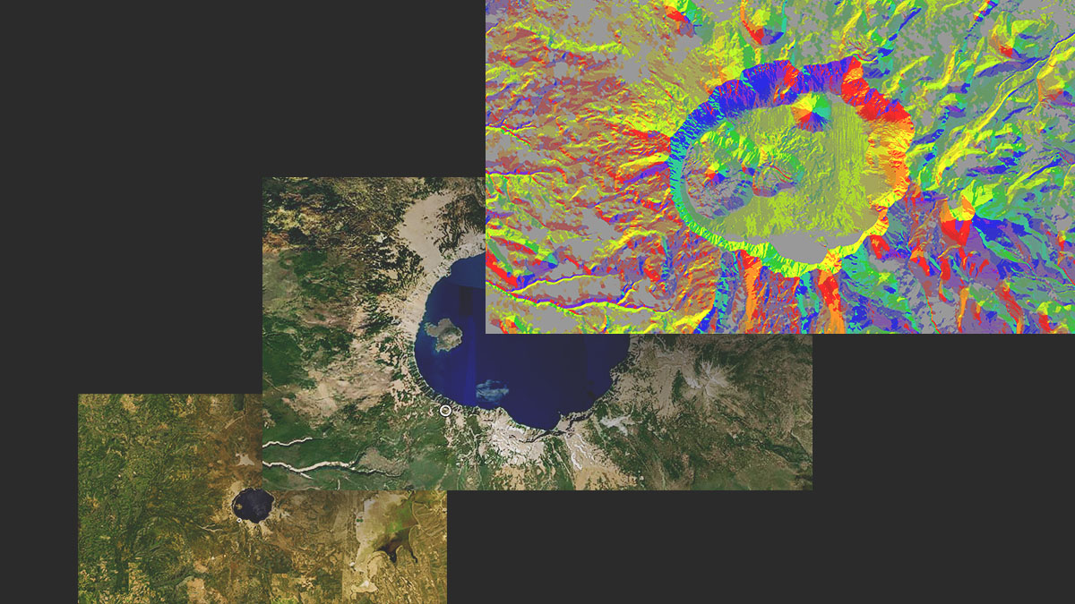Tres paneles muestran un lago desde la distancia, el mismo lago de cerca y de nuevo el lago con datos de teledetección en rojo, amarillo y azul.