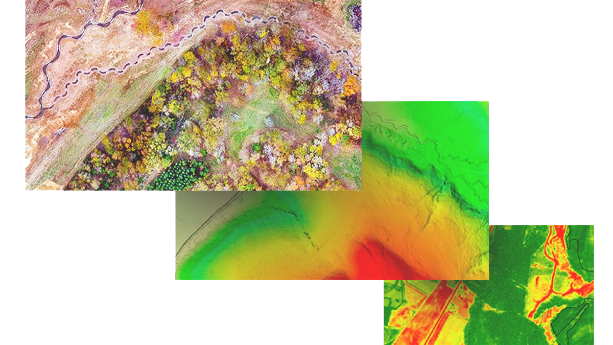 Una imagen satelital muestra terrenos a lo largo de un río con campos cuadrados y circulares resaltados en azul, naranja y amarillo.