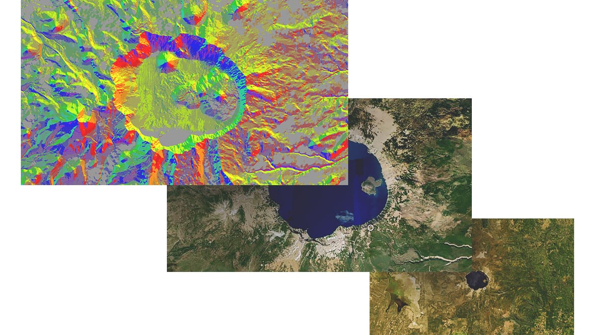 Tres paneles muestran un lago desde la distancia, el mismo lago de cerca y de nuevo el lago con datos de teledetección en rojo, amarillo y azul.