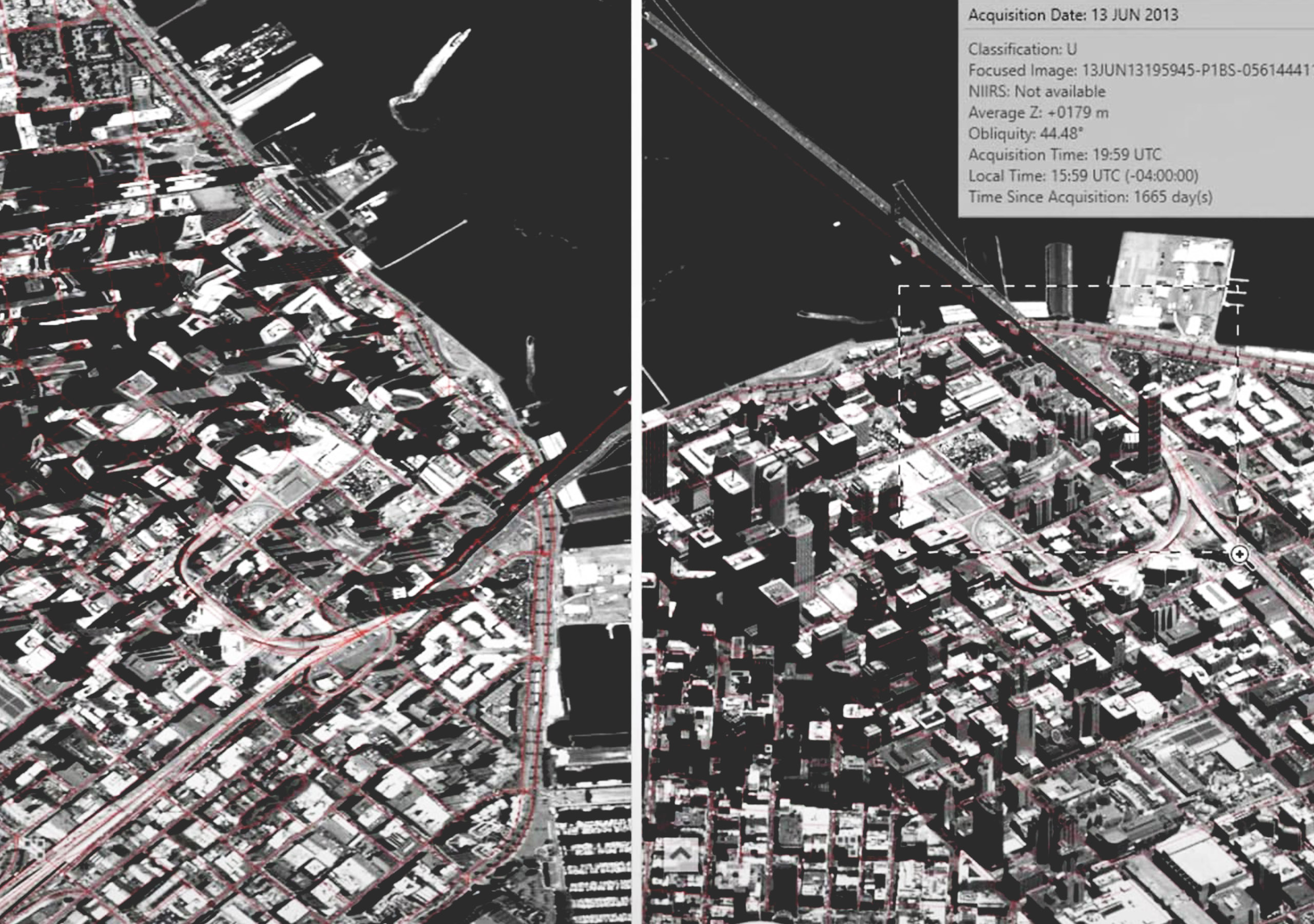Un control deslizante muestra una imagen en blanco y negro fuera del nadir de una ciudad frente al mar antes y después de corregir la distorsión