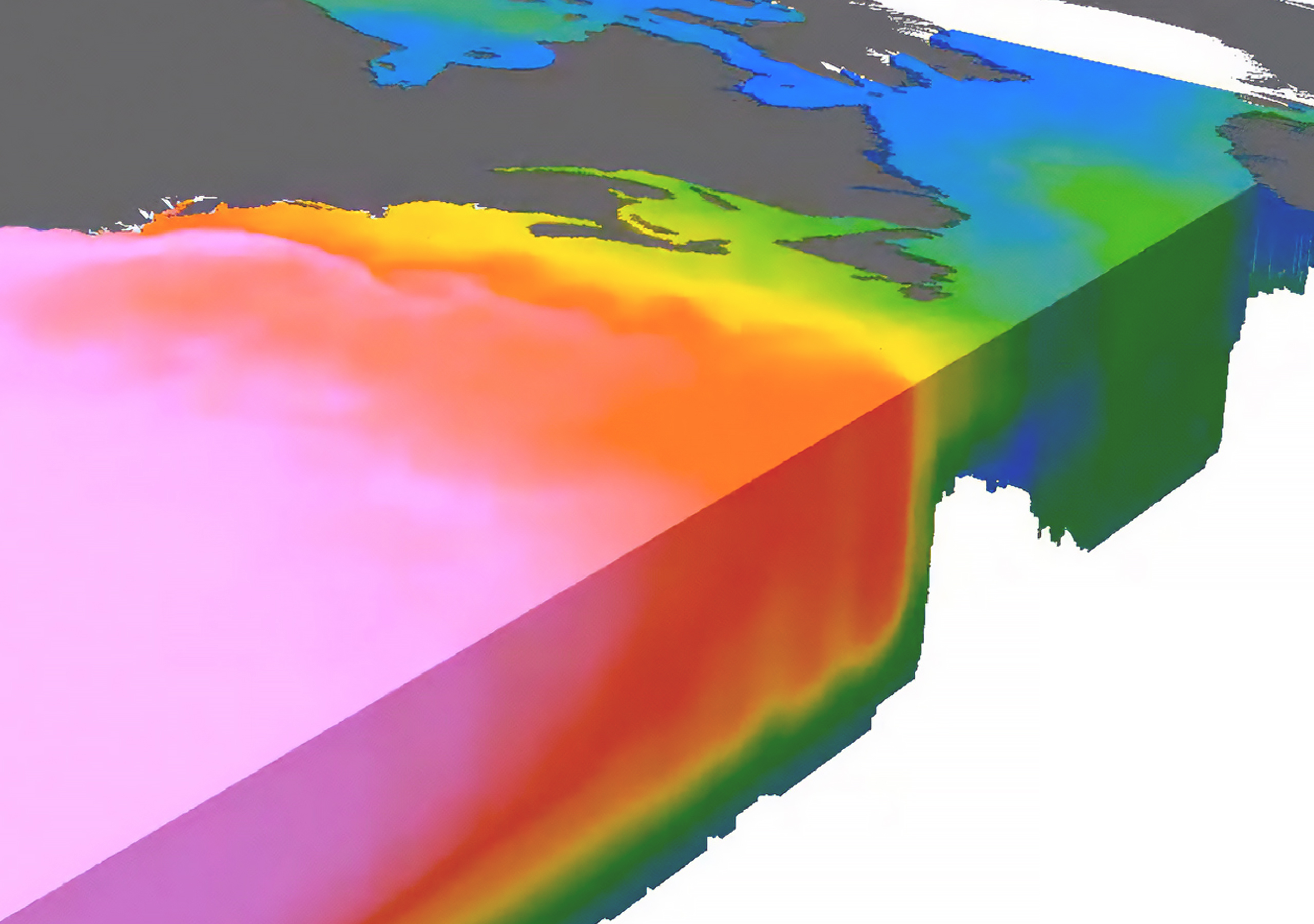 Un mapa creado con capas de vóxeles muestra datos multidimensionales en un gradiente de rosa, rojo, amarillo, verde y azul