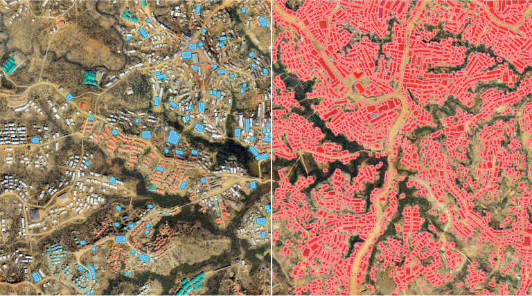 Imágenes de dron del campo de refugiados de Kutupalong, en Bangladesh, que muestran tiendas y letrinas resaltadas en rojo y azul.