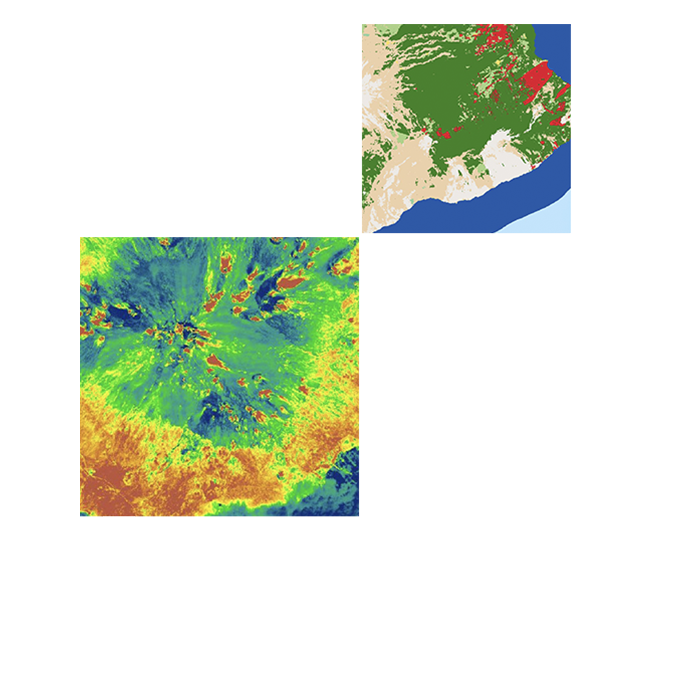 Las imágenes de satélite de diversos paisajes muestran capas de datos de teledetección en color rojo, verde y naranja