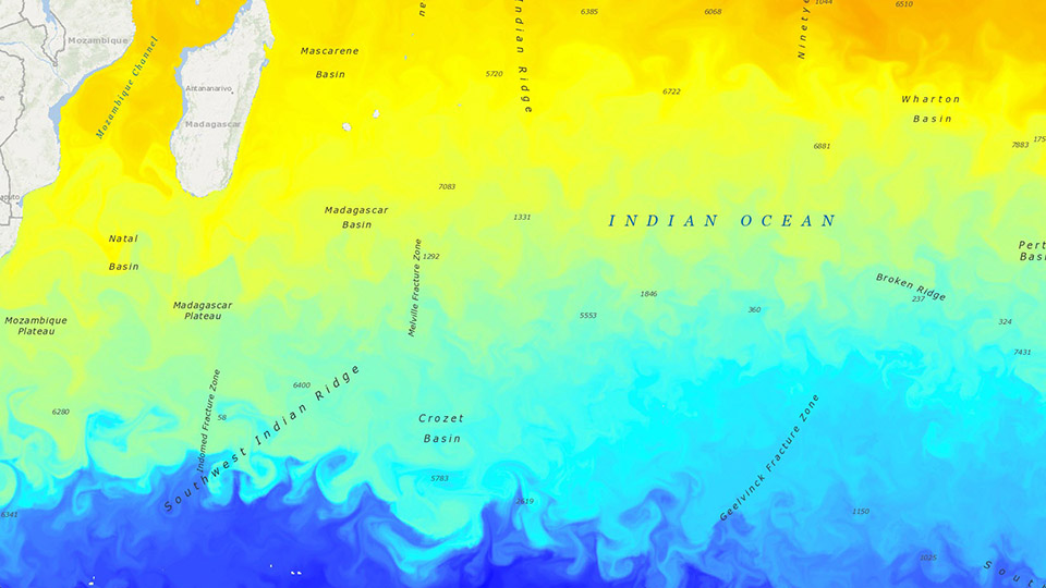 Un mapa del Océano Índico muestra la temperatura del agua del mar en un degradado azul, amarillo y naranja