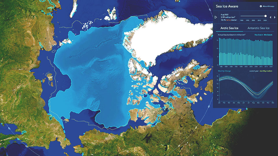 Un mapa del Ártico muestra las concentraciones de hielo y el nivel del mar en la región a lo largo del tiempo.
