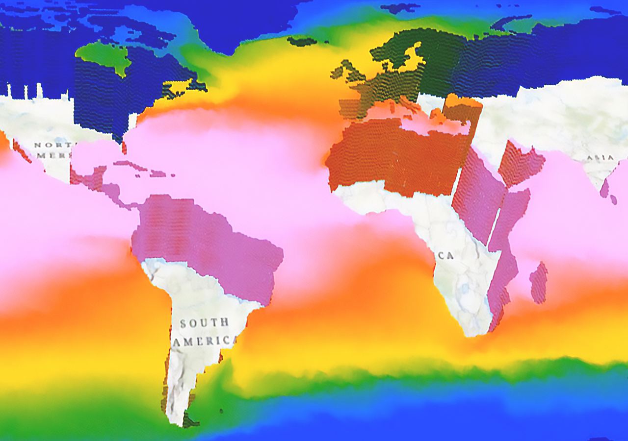 Un mapa del océano cerca de América del Sur y África presenta capas de vóxeles en 3D en un gradiente de rosa, rojo, amarillo, verde y azul.
