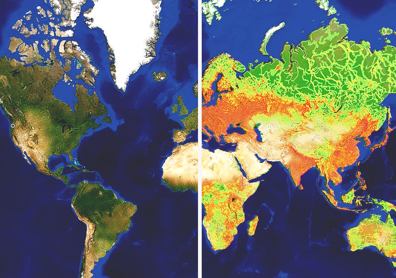 Un mapamundi con un control deslizante que muestra dos superposiciones diferentes para los hemisferios oriental y occidental