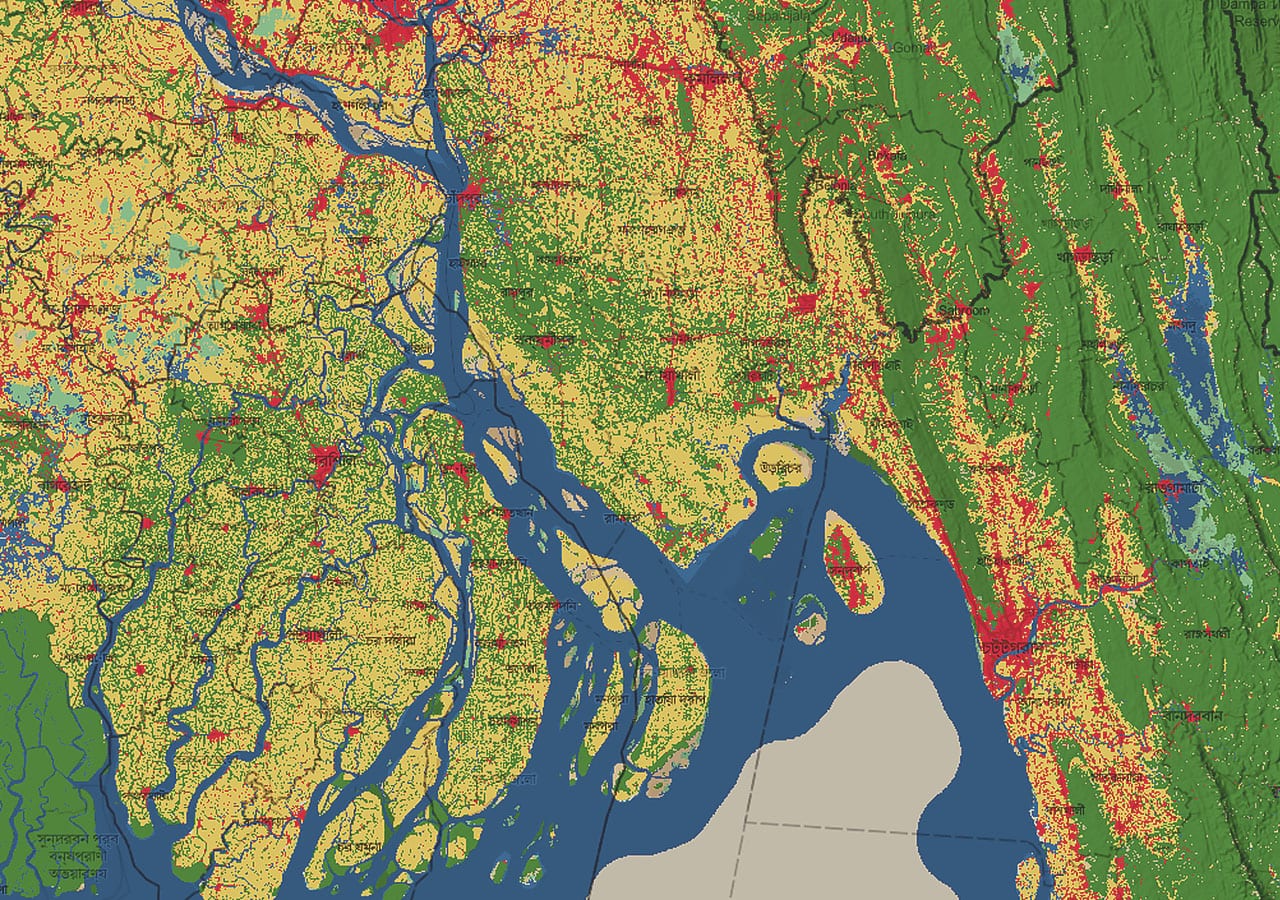 Un mapa de cobertura terrestre de la desembocadura del río Meghna, en Bangladesh