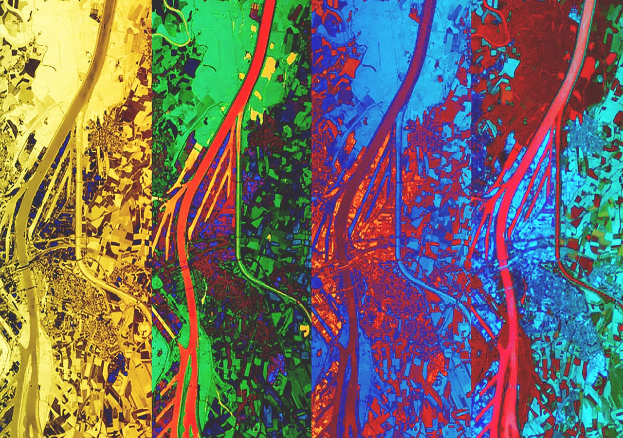 Cuatro paneles muestran una imagen en diferentes combinaciones de colores, lo que indica múltiples formas de interpretar y visualizar datos de teledetección