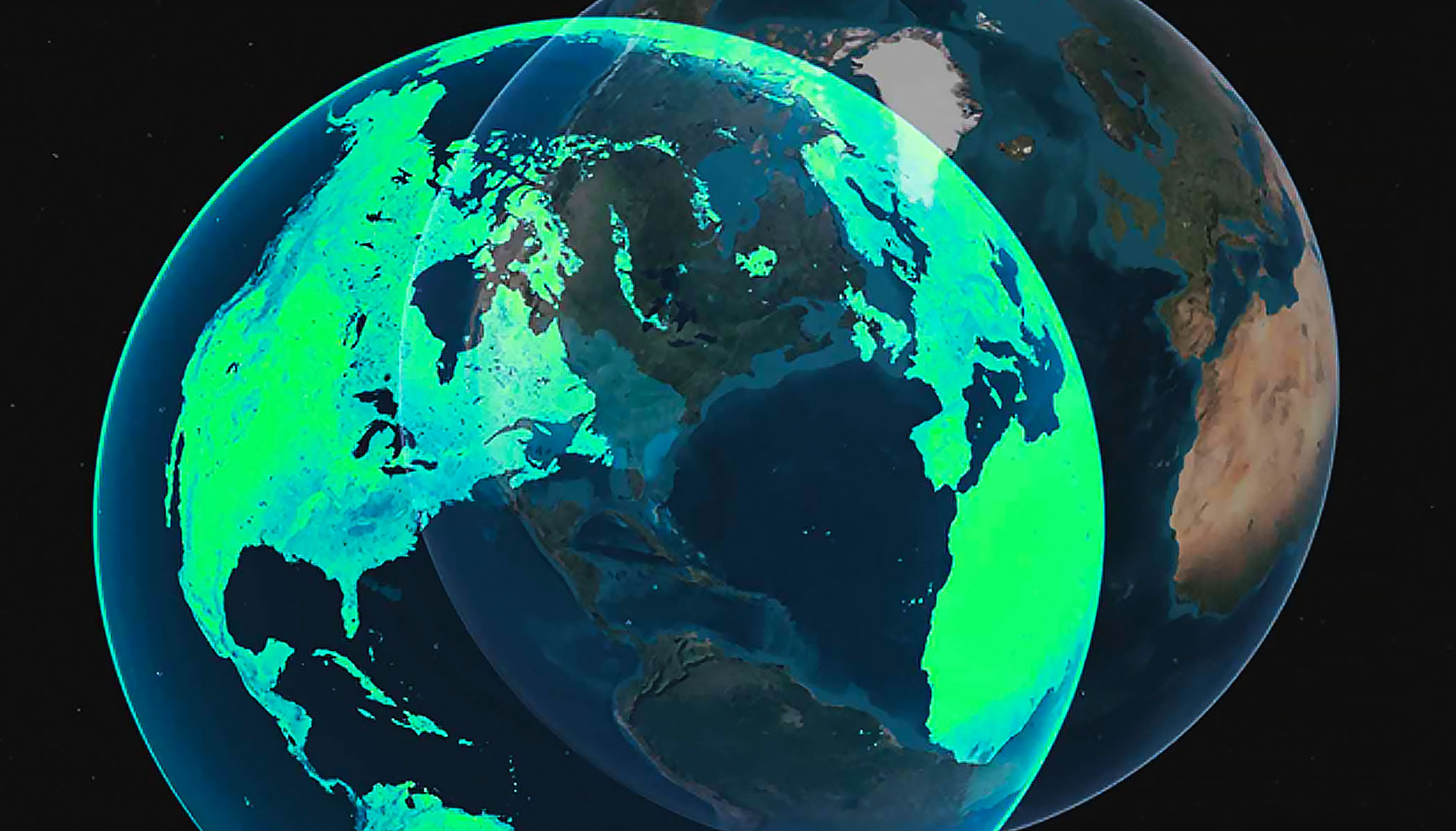 Representación digital de dos globos terráqueos superpuestos, con América del Norte y del Sur resaltadas en verde vivo para indicar la cobertura de los datos.