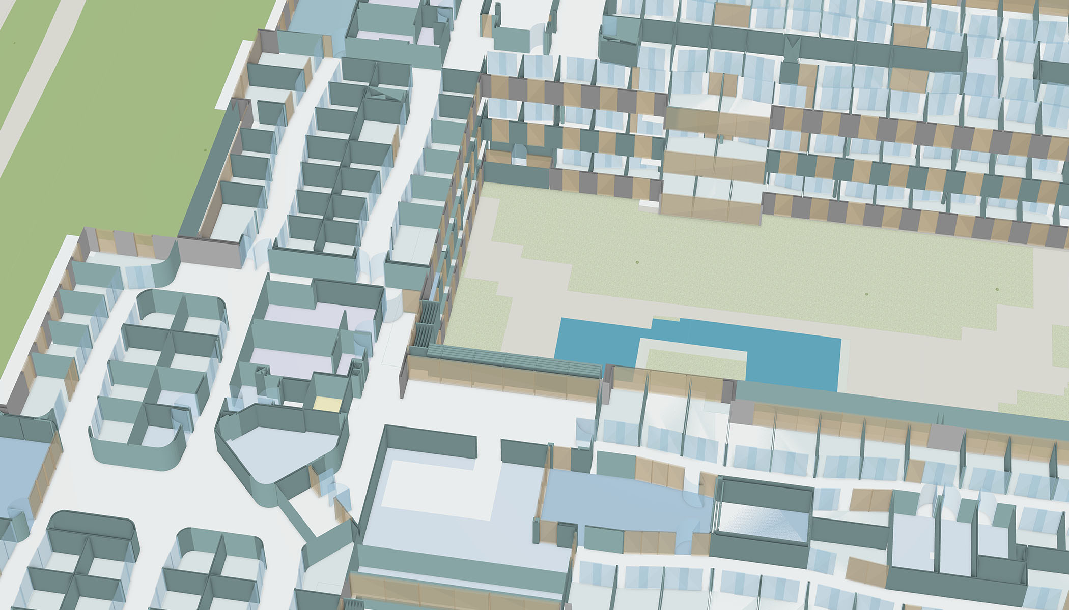Visualización en 3D de la planta de un gran edificio, mostrando habitaciones, pasillos y espacios abiertos en varios tonos de azul, blanco y beige con una zona verde en el exterior.