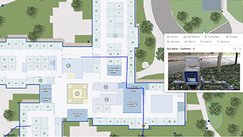 Recopilación de datos en un mapa interior que muestra la ruta, la imagen, el historial de activos y el estado de las operaciones de mantenimiento