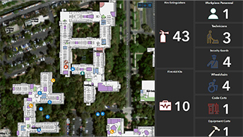 Cuadro de mando que muestra un mapa aéreo de un edificio junto a datos numéricos y de texto 