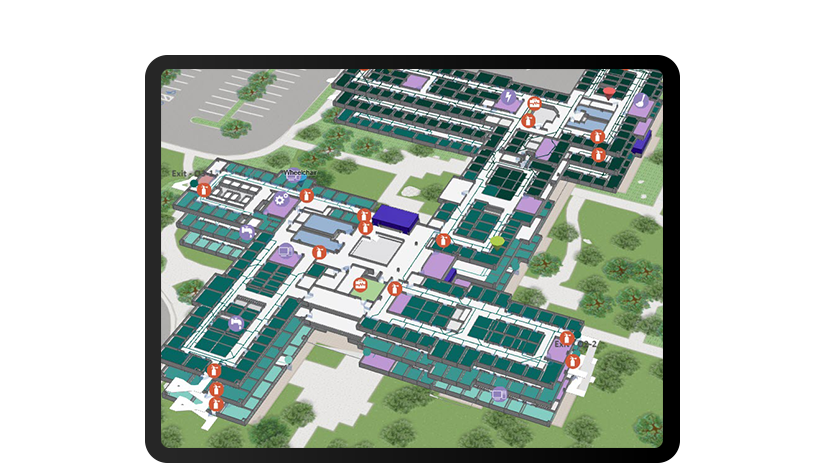 Tableta que muestra la recopilación de datos en interiores con la ubicación de los activos en un mapa de un gran edificio de oficinas con puntos de datos rojos