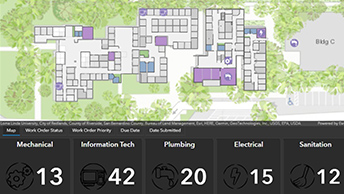 Cuadro de mando de análisis de datos en interiores y condiciones de los activos que muestra un mapa aéreo de un edificio junto a datos numéricos y de texto