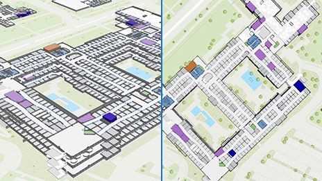 Imágenes paralelas de planos interiores en 2D y 3D de un gran edificio con datos y casillas para oficinas