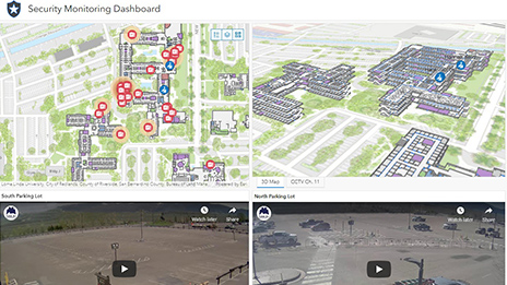 Serie de imágenes que incluyen un mapa con puntos de datos rojos, un mapa digital de un gran campus y un tablero que muestra el SIG en interiores 
