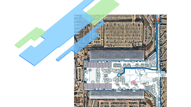 Formas coloreadas de un plano flotando sobre un mapa interior de un aeropuerto con una ruta de navegación interior que muestra la ubicación actual y la trayectoria futura.