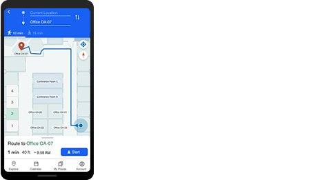 Teléfono móvil que muestra el seguimiento del personal de seguridad mediante un punto azul en un mapa interior con localización en tiempo real.