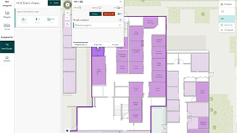 Imagen digital de un mapa de un edificio interior que representa una interfaz SIG de interior que muestra el uso del espacio, la asignación y los datos