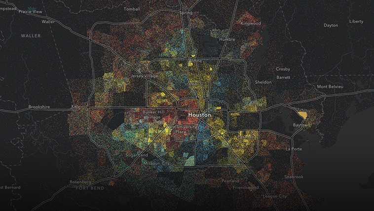 Población por raza/etnia representada cartográficamente con 1 punto por cada 200 personas en varios colores
