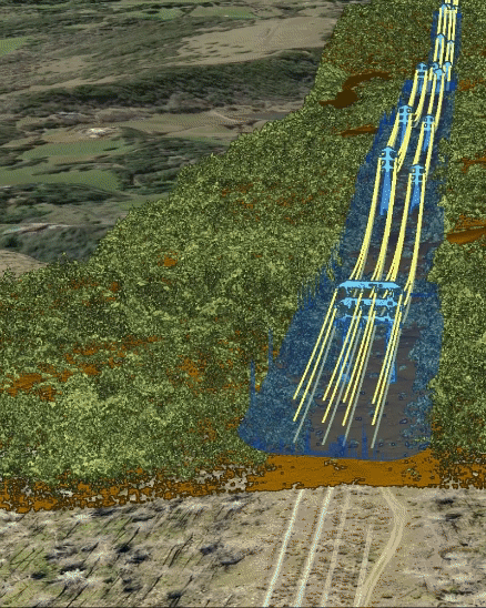 GIF en el que se aprecian detalles de una representación 3D de líneas eléctricas que atraviesan las montañas del país flanqueadas por árboles verdes