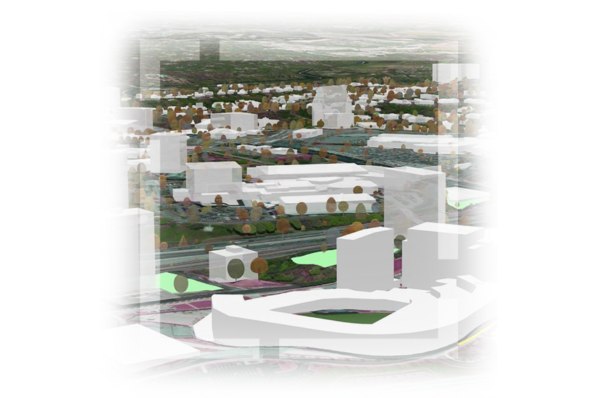 Modelo 3D de una ciudad en una ligera pendiente con bloques de edificios blancos y árboles dispersos alrededor del edificio y calles serpenteantes