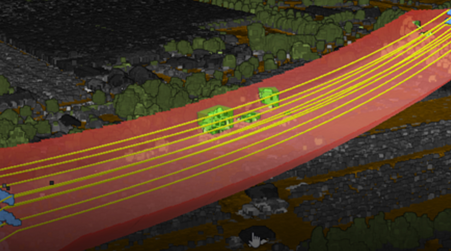 Imagen LIDAR 3D que muestra edificios grises, árboles verdes y líneas eléctricas en amarillo