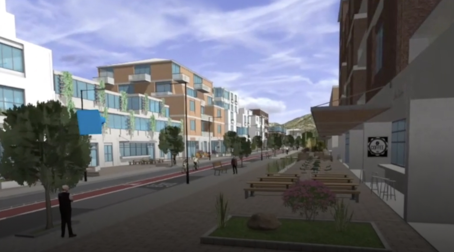 Escena en 3D de una manzana con edificios, una carretera y árboles verdes vista a través de un casco de RV