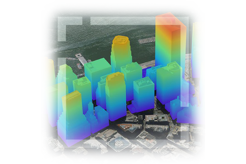 Vista aérea 3D de una ciudad y un puerto de mar con edificios altos de tonos azules y rojos y un cuadrado blanco traslúcido superpuesto
