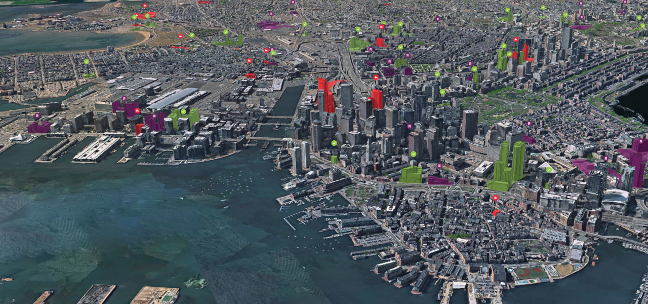 Paisaje urbano 3D con grupos de edificios y carreteras junto al agua con puntos de datos rojos y verdes dispersos