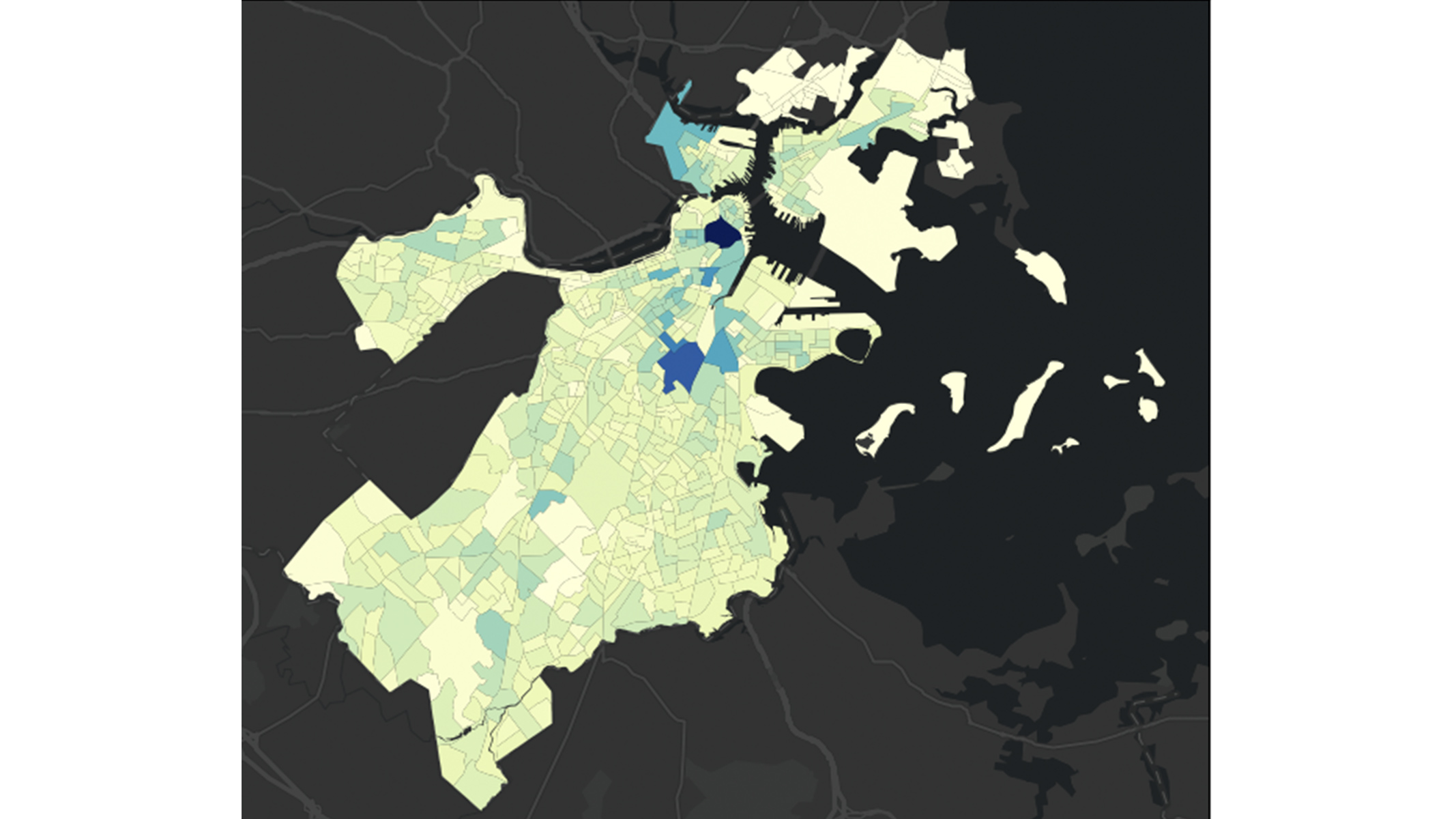 A black ArcGIS GeoAnalytics for Microsoft Fabric map showing varying levels of a data point across different neighborhoods in yellow