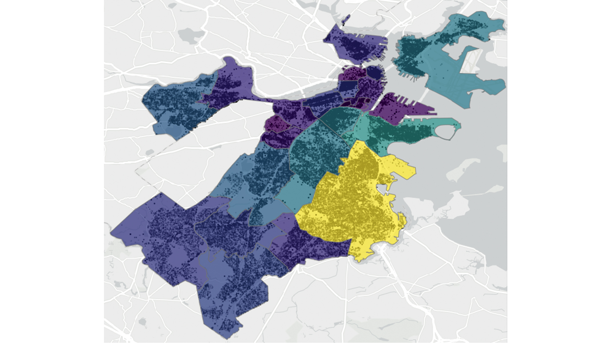 ArcGIS GeoAnalytics for Microsoft Fabric map with neighborhoods color-coded by data in blue, purple, and yellow