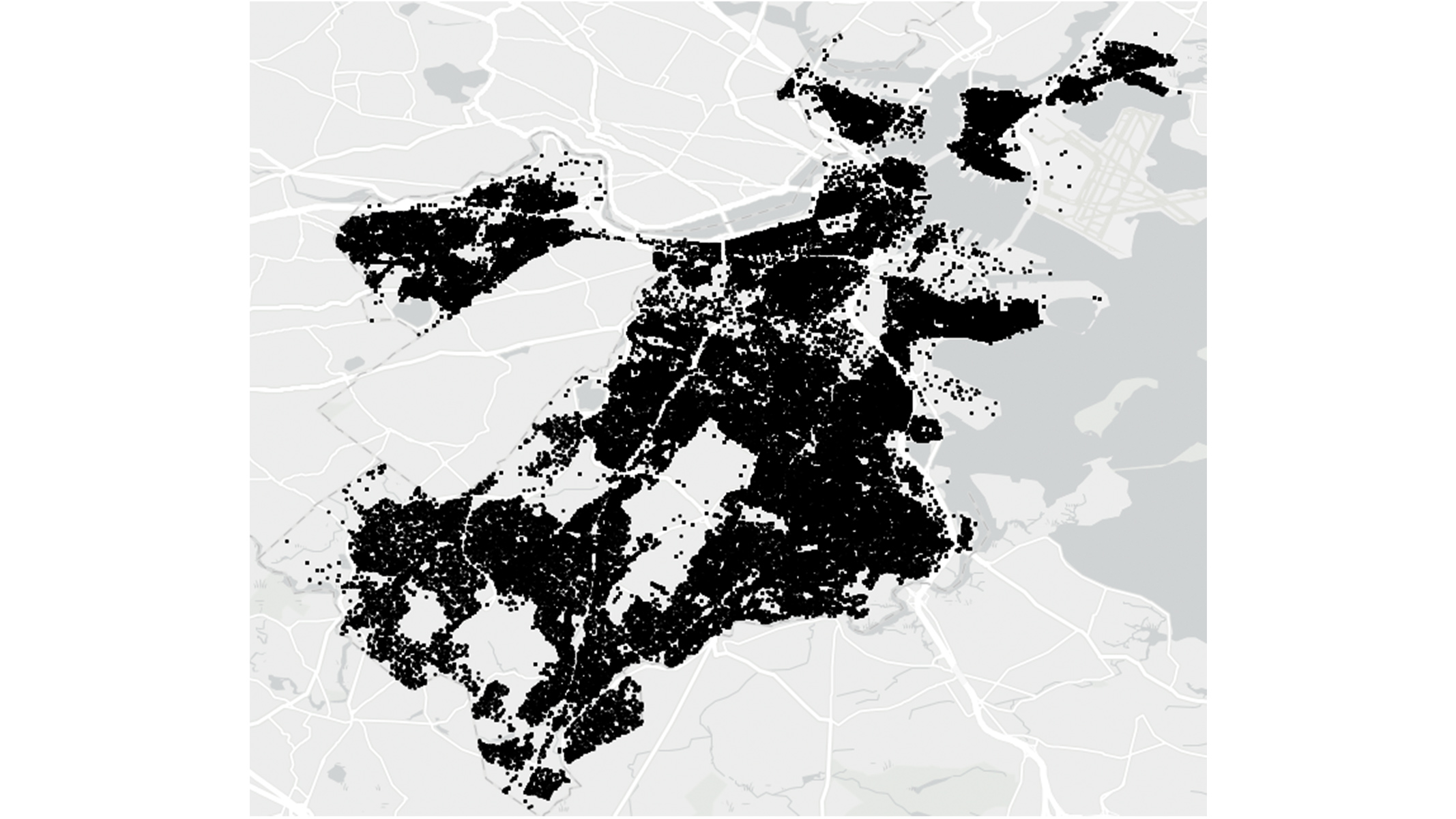 ArcGIS GeoAnalytics for Microsoft Fabric map of a region in black and white showing numerous data points