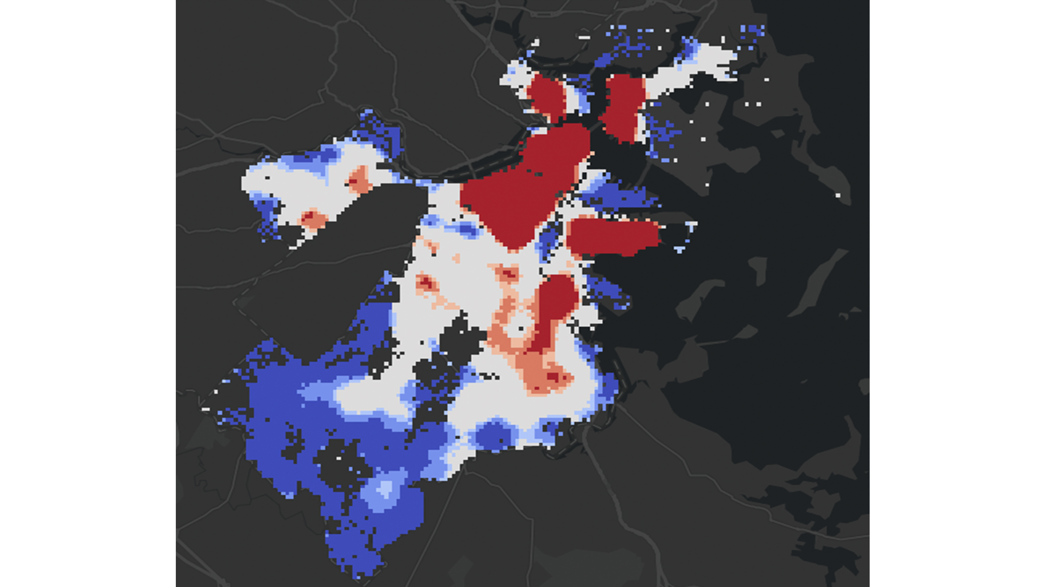 A black ArcGIS GeoAnalytics for Microsoft Fabric heatmap showing varying levels of intensity across a geographical area in red, white, and blue