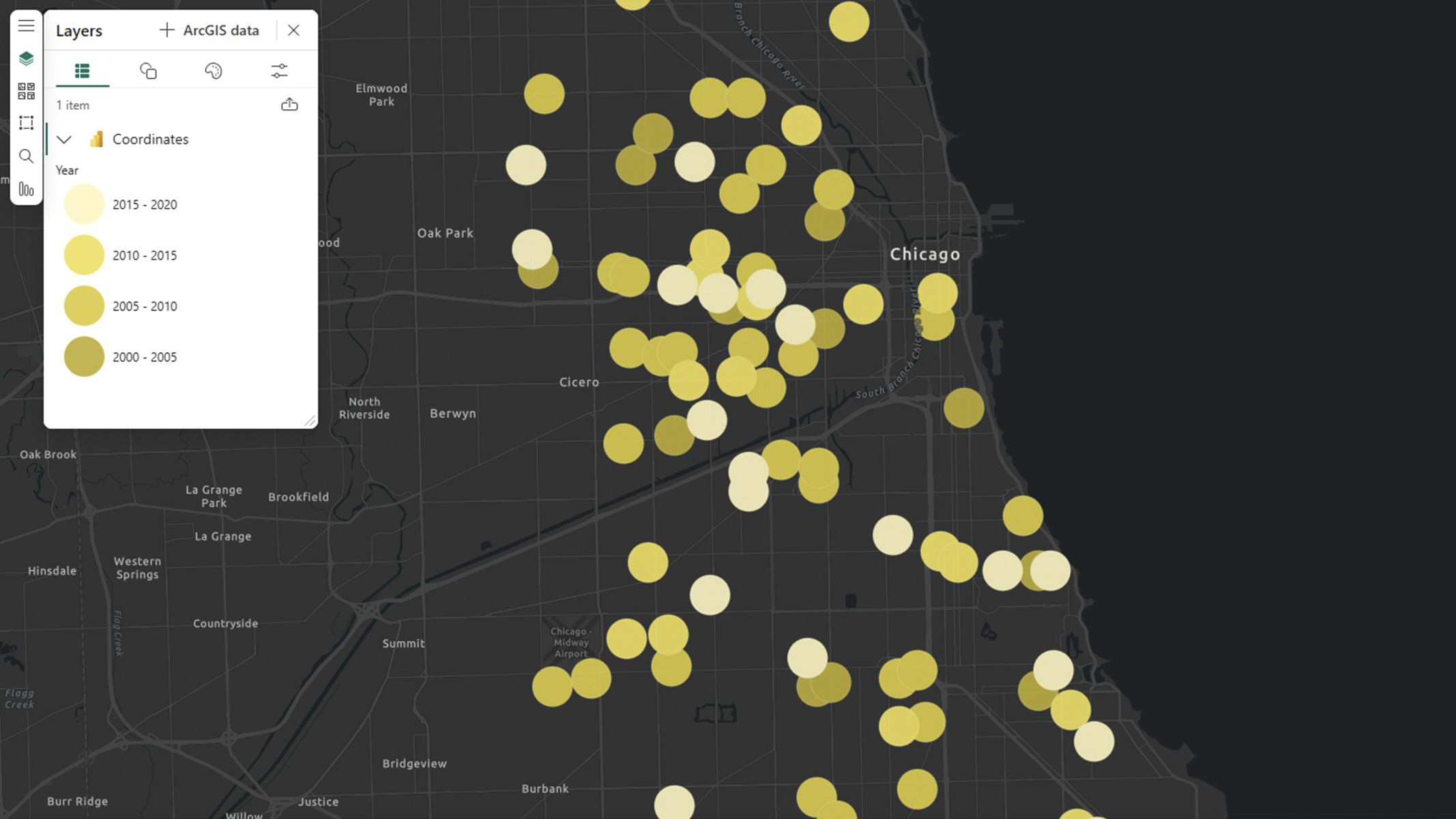 A Power BI report with an interactive map of the Chicago area showing location data as gold dots