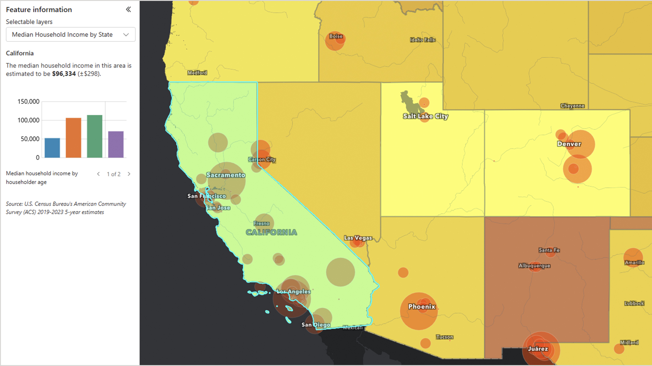 A Power BI report enhanced with a yellow and green map of the western coast of the United States showing regional data on a basemap