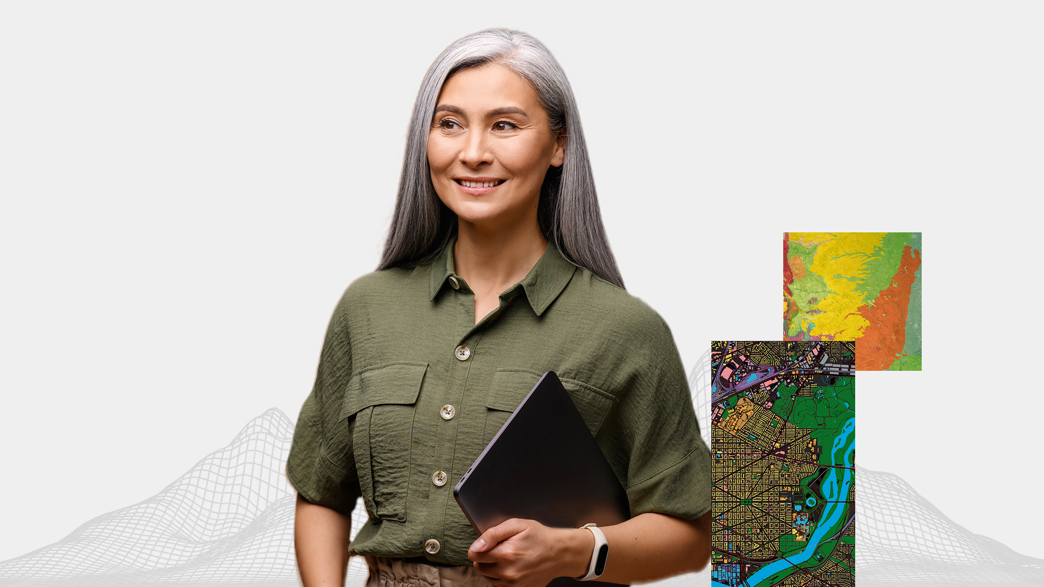 A smiling woman holding a tablet and 2 inset images of maps